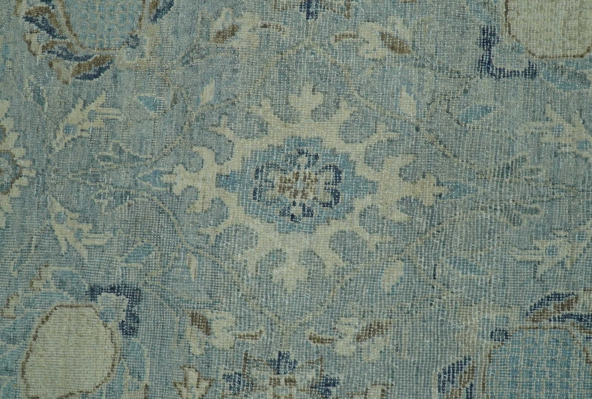 Distressed Hand Knotted Blue And Beige Traditional Design 9x13 Wool Area Rug