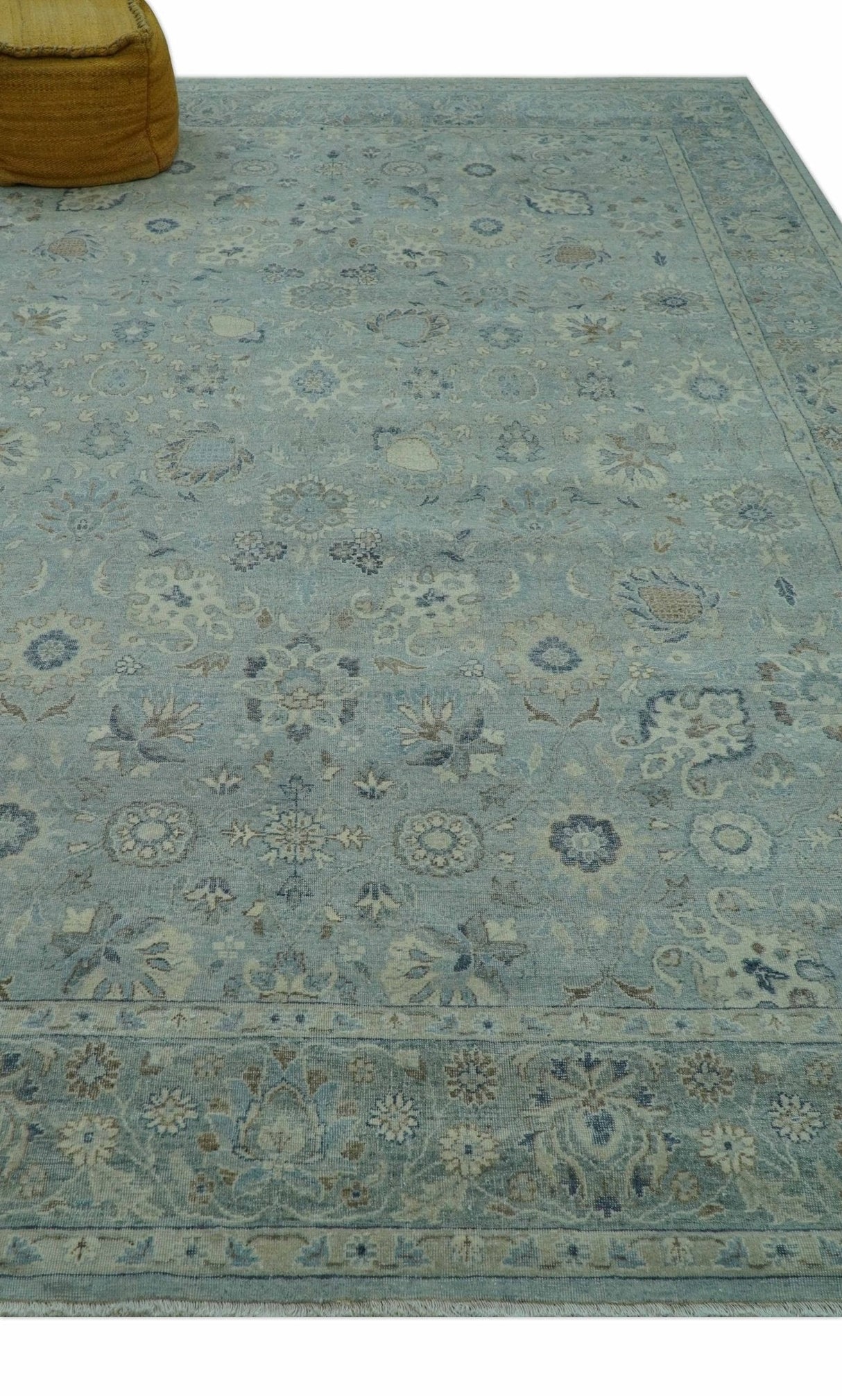 Distressed Hand Knotted Blue And Beige Traditional Design 9x13 Wool Area Rug