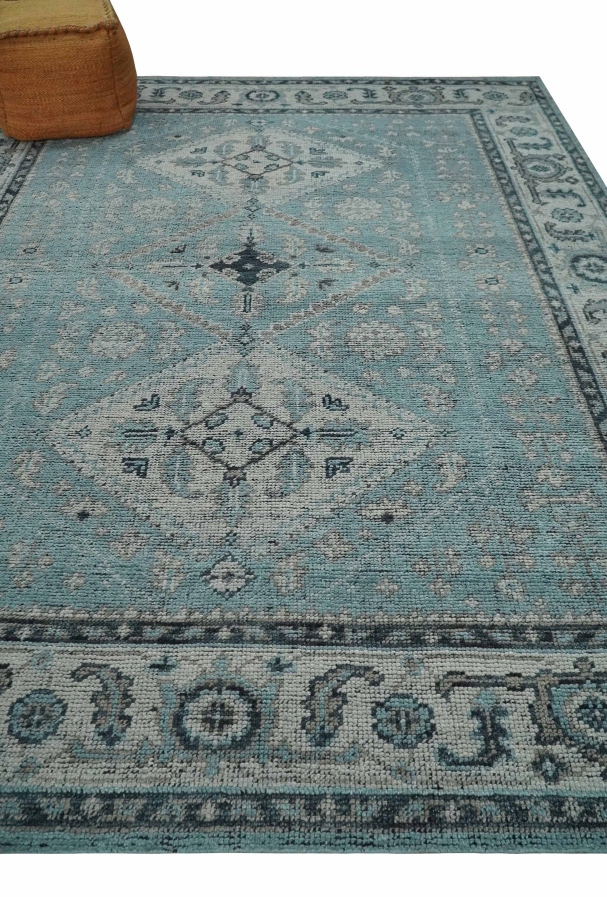 Distressed Hand Knotted Multi Size Blue, Silver and Charcoal Traditional Low Pile Wool Area Rug