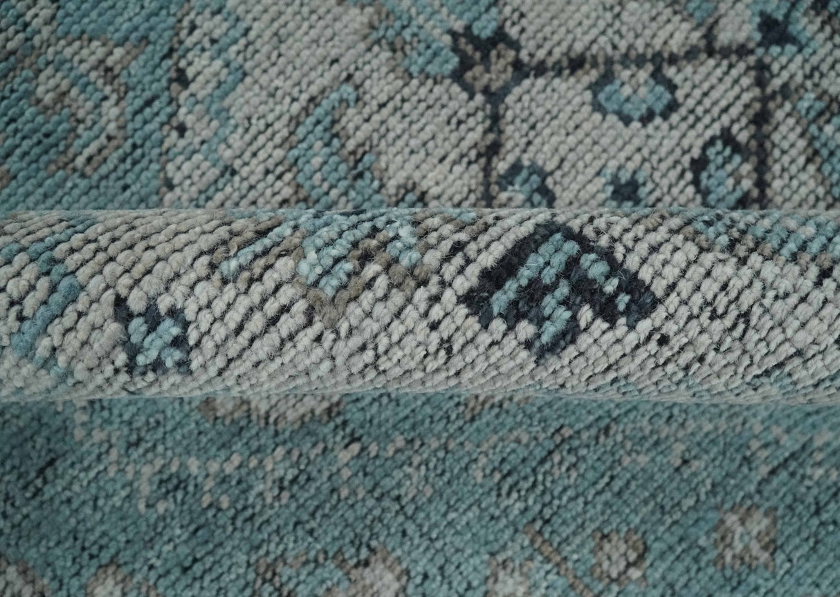 Distressed Hand Knotted Multi Size Blue, Silver and Charcoal Traditional Low Pile Wool Area Rug