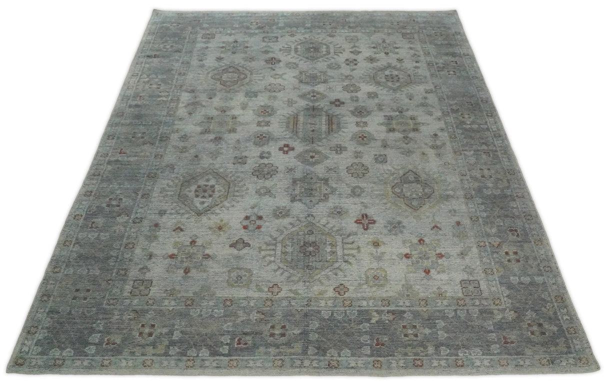 Distressed Hand Knotted Traditional Silver and Rust Custom Made Wool Area Rug