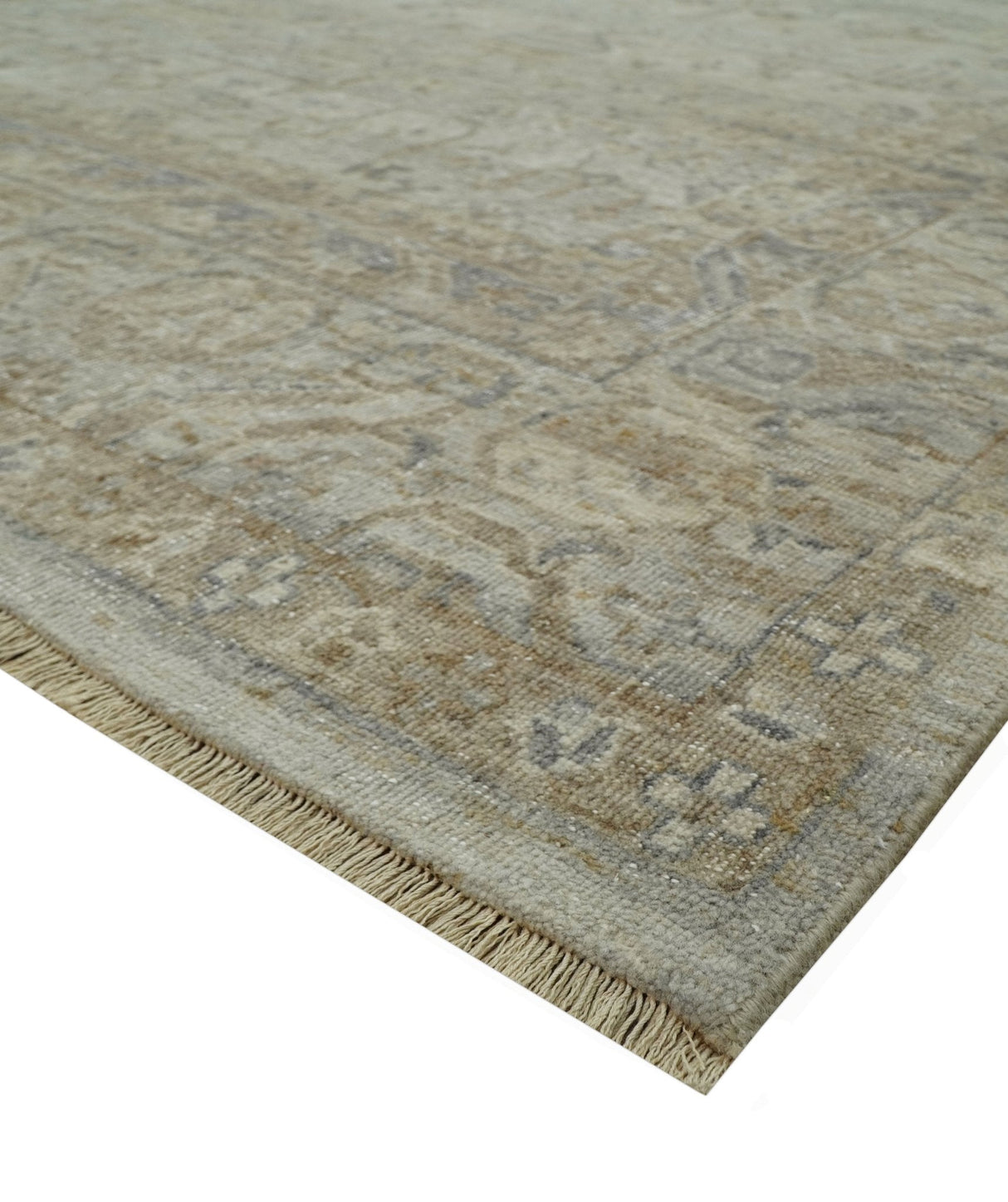 Distressed Silver And Beige Hand Knotted khotan design Custom Made wool area rug