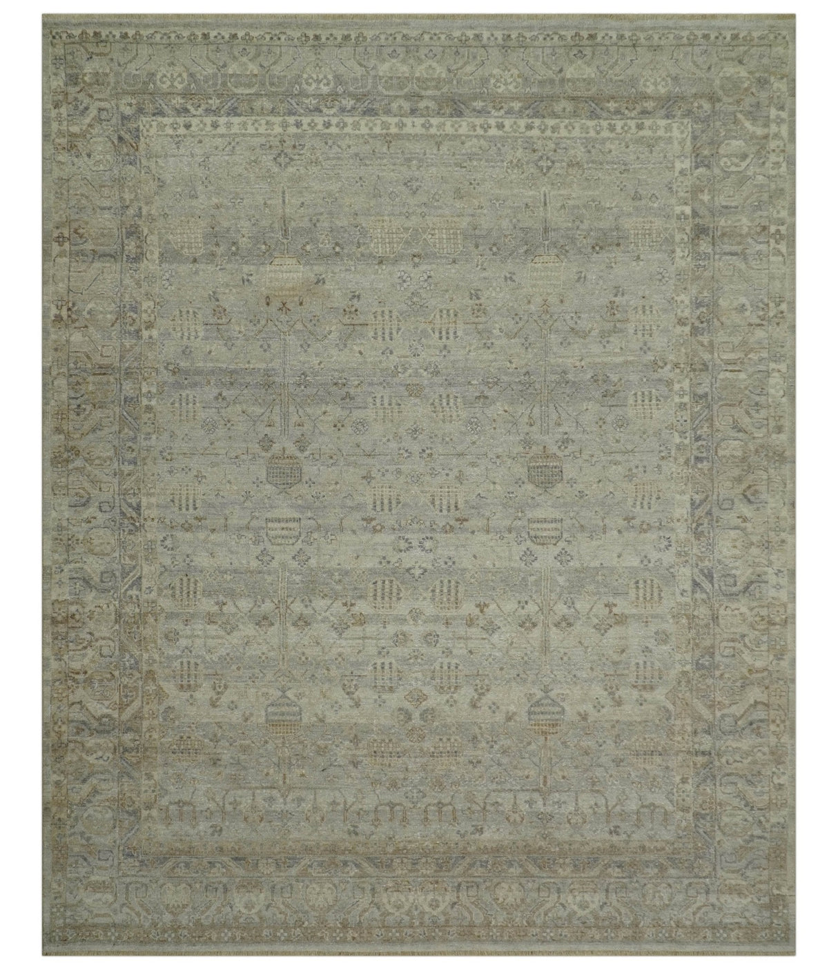 Distressed Silver And Beige Hand Knotted khotan design Custom Made wool area rug