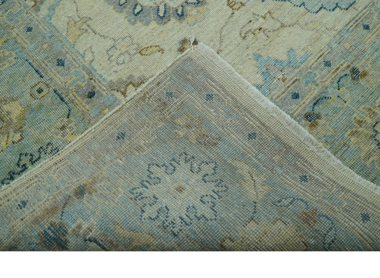 Distressed traditional Design Blue And Beige Hand Knotted 8x10 Wool Area Rug