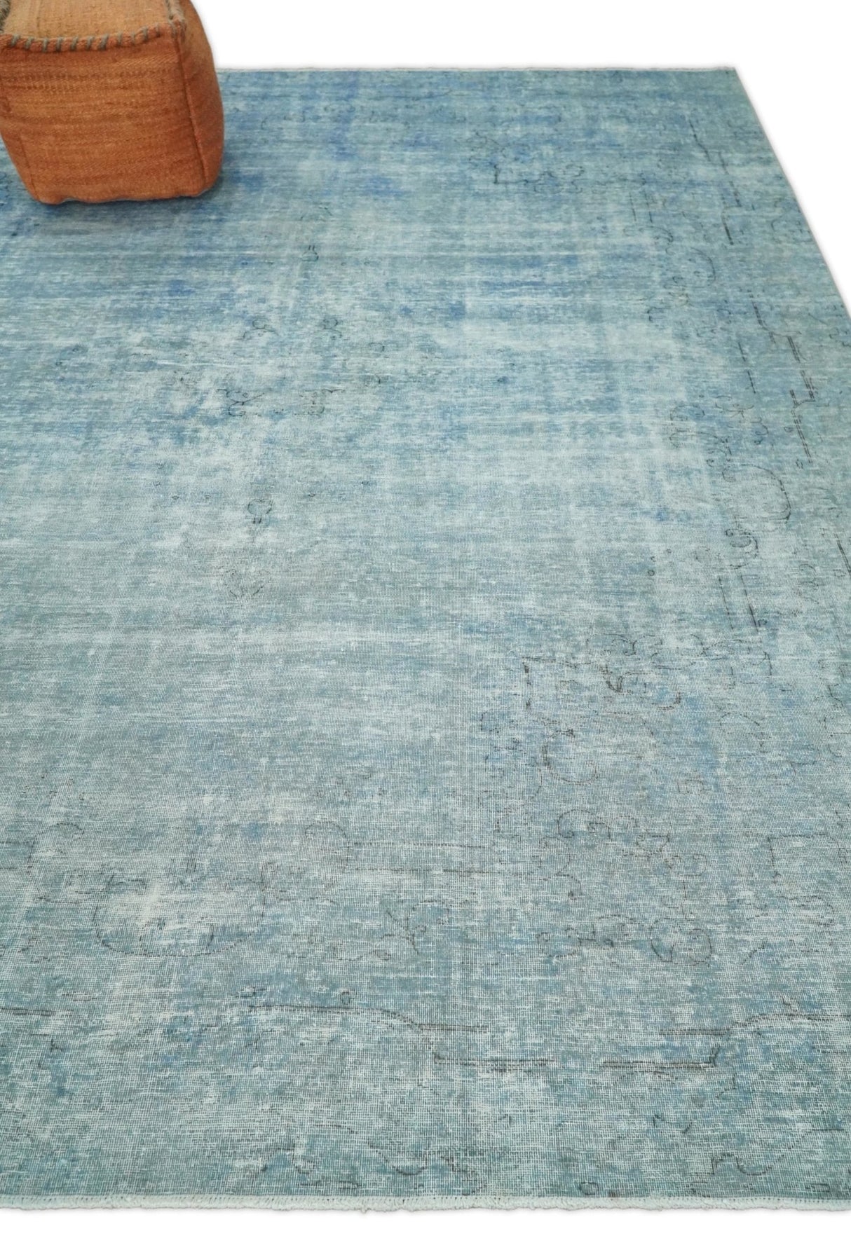 Distressed Vintage 8x11 Blue Modern Oxidized Textured Low Pile Wool Rug