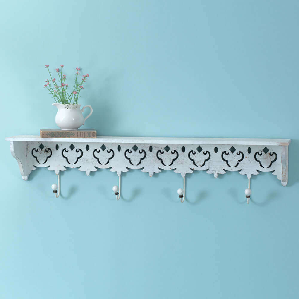 Distressed White Wood Wall Shelf with Hooks-Wall Decor-Parc Decor
