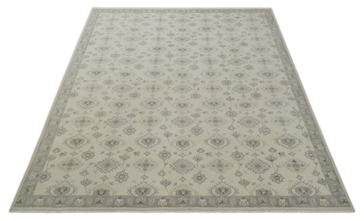 Earthy Contemporary 8x10 Traditional Ivory and Gray Antique Style Hand knotted Wool Area Rug-Area Rug-Parc Decor