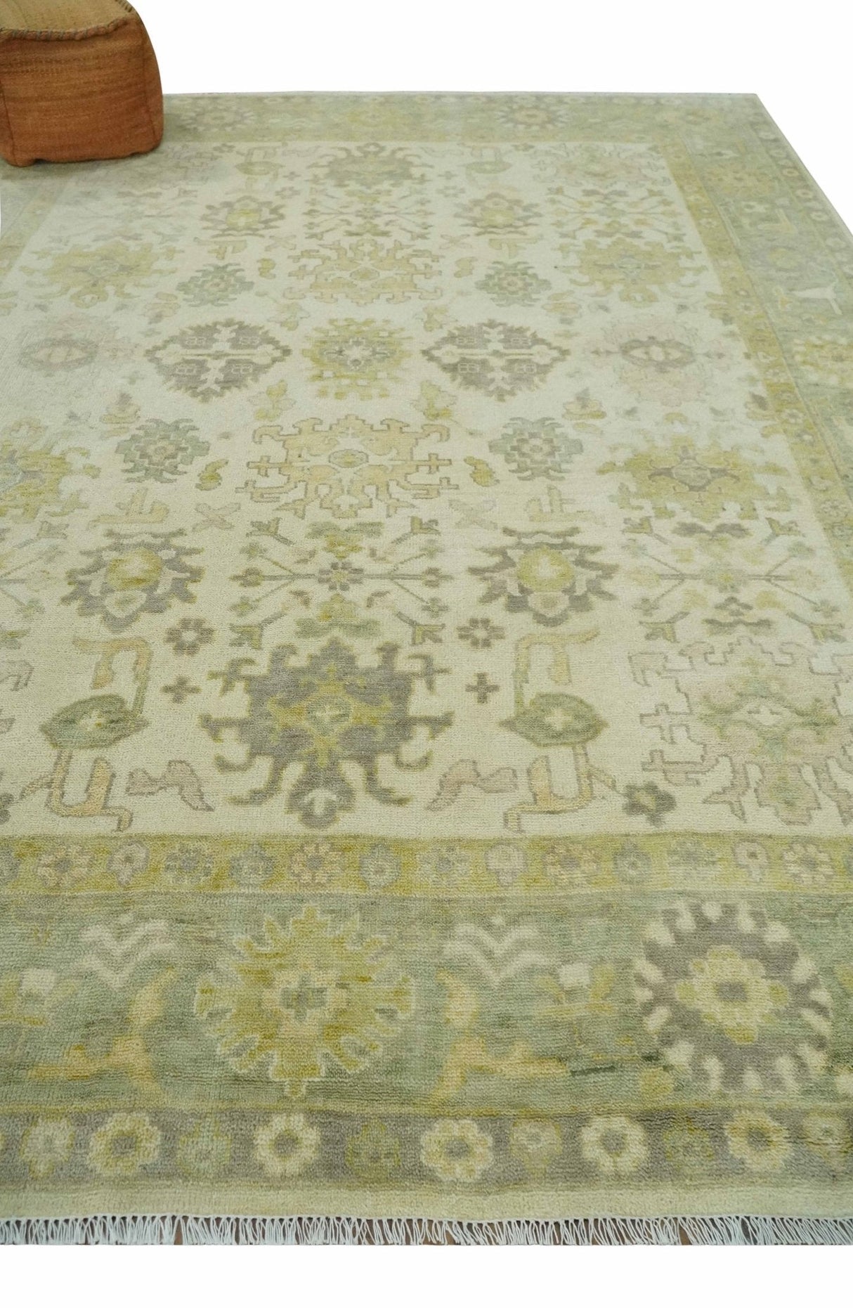 Earthy Ivory and Olive 9x12 Traditional Antique Finish Hand knotted Wool Area Rug-Area Rug-Parc Decor