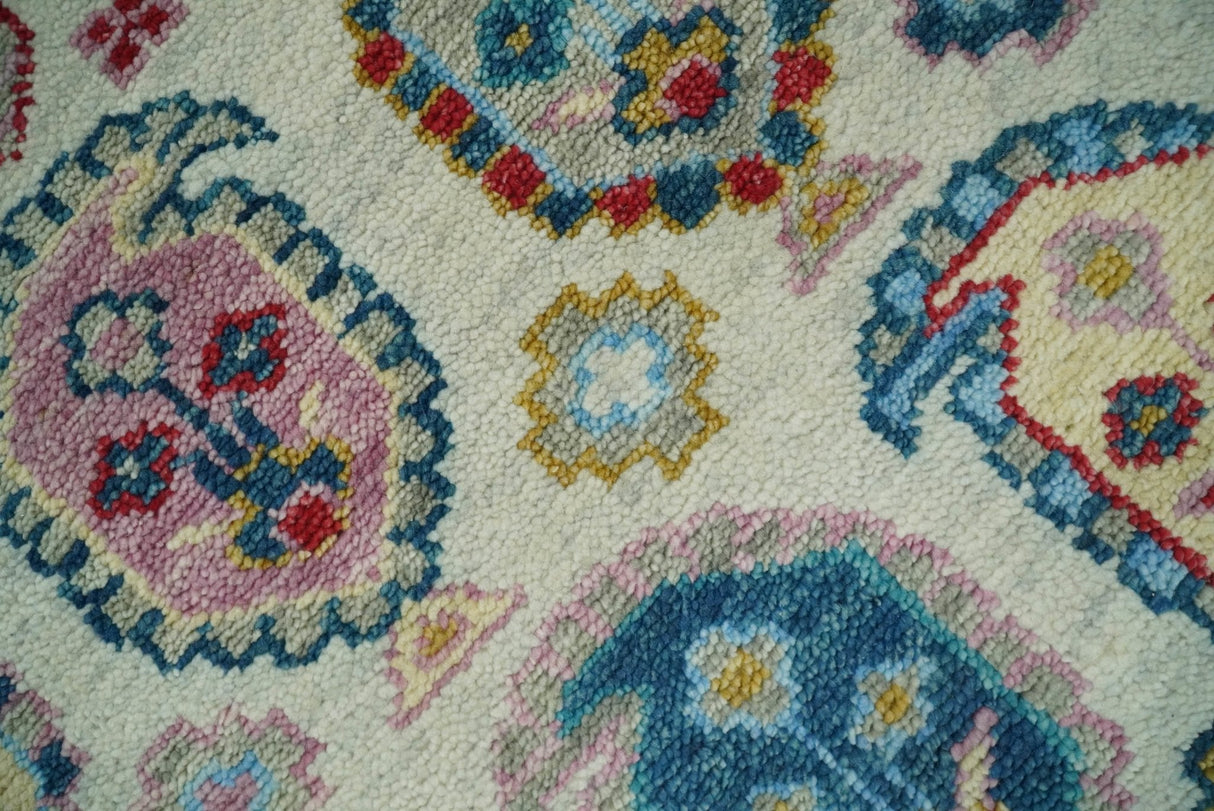 Eclectic Vibrant Colorful Ivory And Teal Traditional design Hand knotted Wool Area Rug