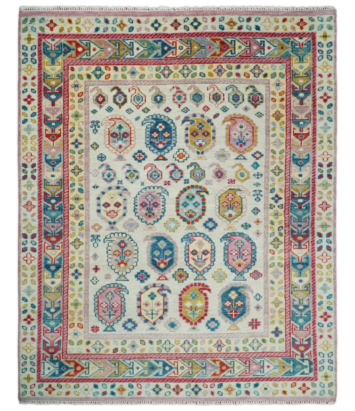 Eclectic Vibrant Colorful Ivory And Teal Traditional design Hand knotted Wool Area Rug