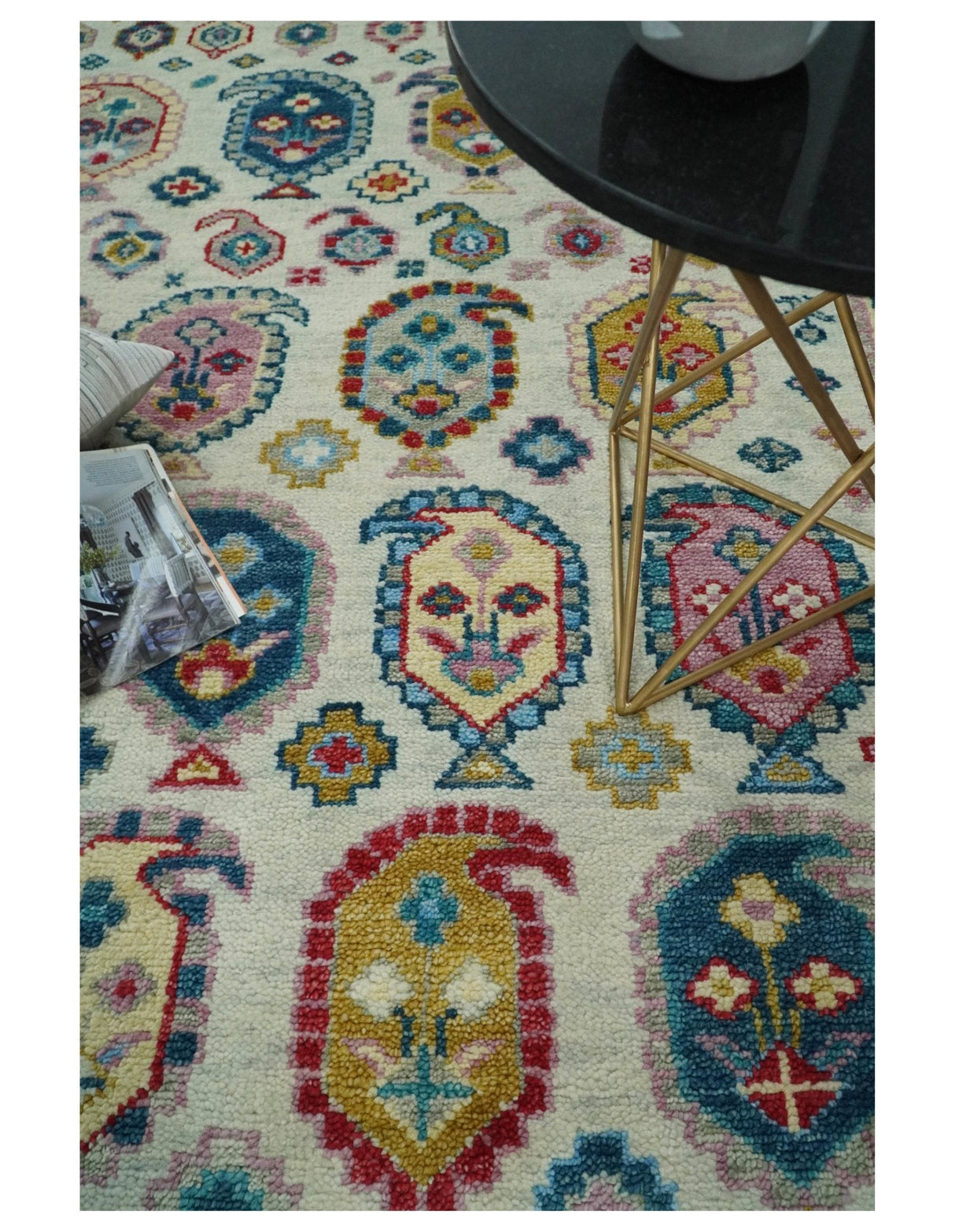 Eclectic Vibrant Colorful Ivory And Teal Traditional design Hand knotted Wool Area Rug