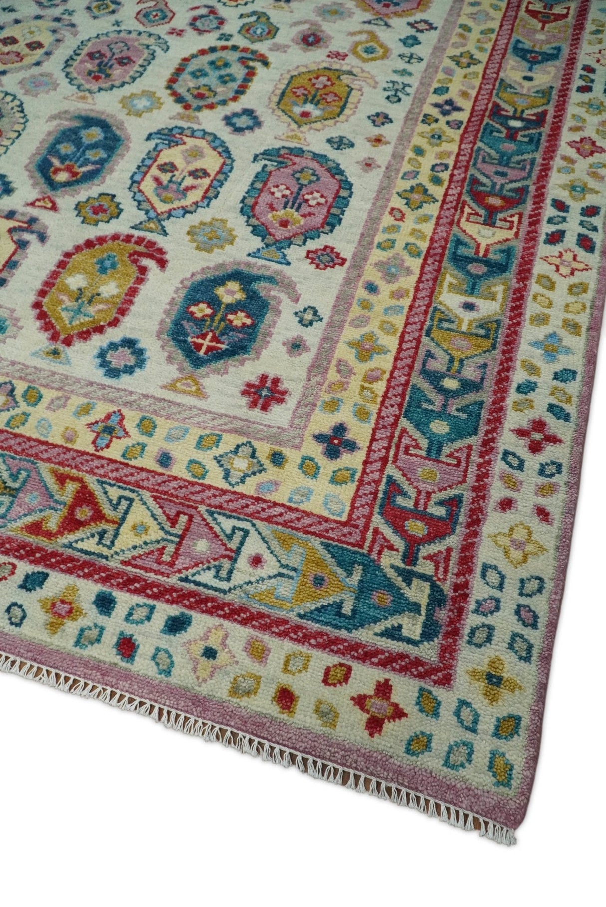 Eclectic Vibrant Colorful Ivory And Teal Traditional design Hand knotted Wool Area Rug
