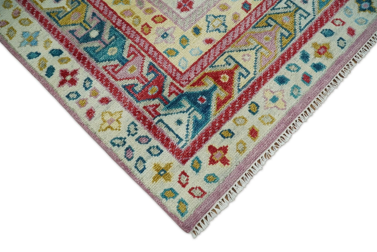 Eclectic Vibrant Colorful Ivory And Teal Traditional design Hand knotted Wool Area Rug