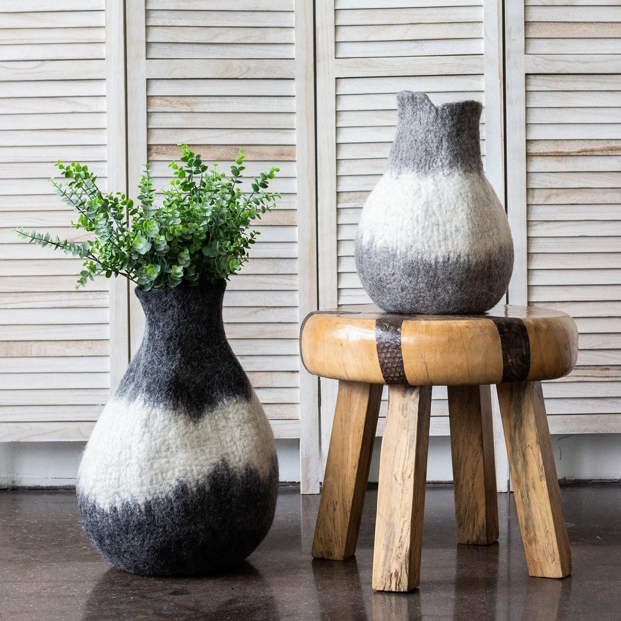 Eclipse Charcoal and Ivory Wool Gourd Basket-Baskets-Parc Decor