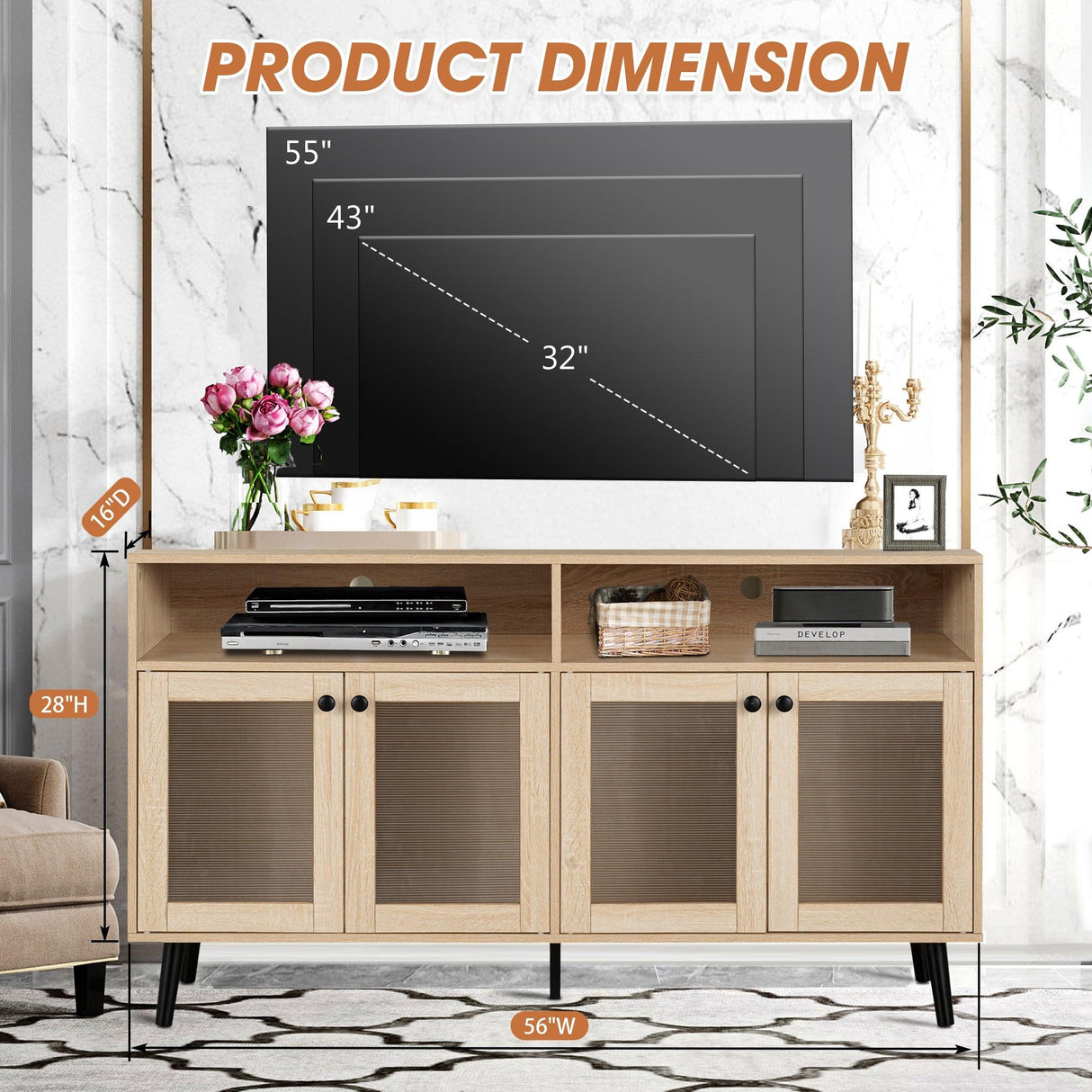 Evans 56 Inch Mid-Century Modern TV Stand with Open Shelves and Cabinets for Living Room, Bedroom-电视柜-Parc Decor