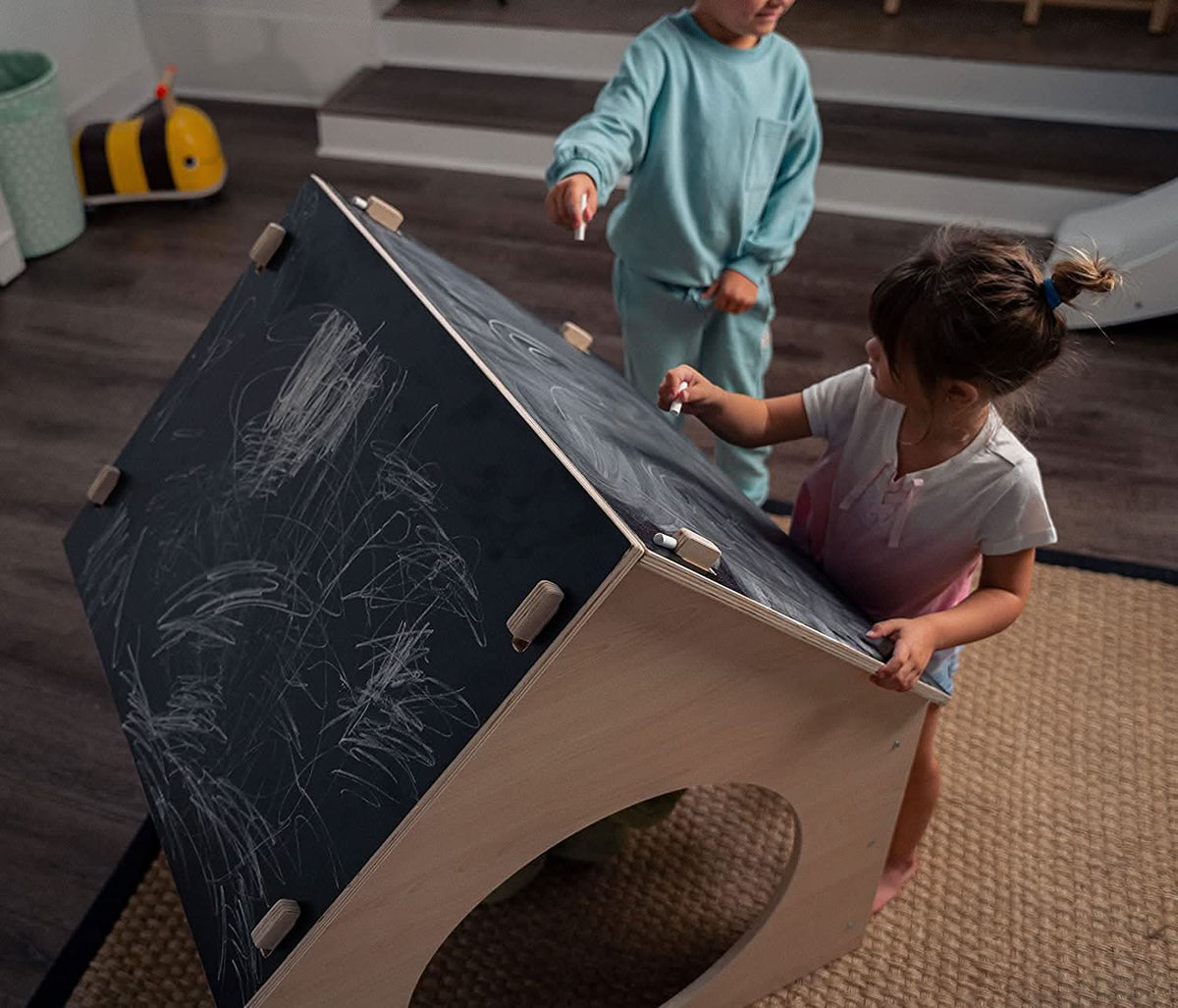 Evergreen Indoor Playhouse for Kids | Wooden Toddler Playhouse with Chalkboard Roof & Art Easel