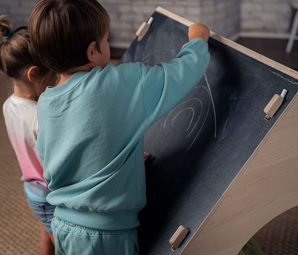 Evergreen Indoor Playhouse for Kids | Wooden Toddler Playhouse with Chalkboard Roof & Art Easel