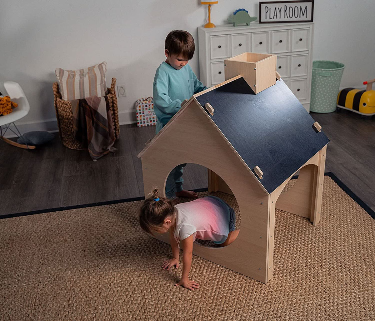Evergreen Indoor Playhouse for Kids | Wooden Toddler Playhouse with Chalkboard Roof & Art Easel
