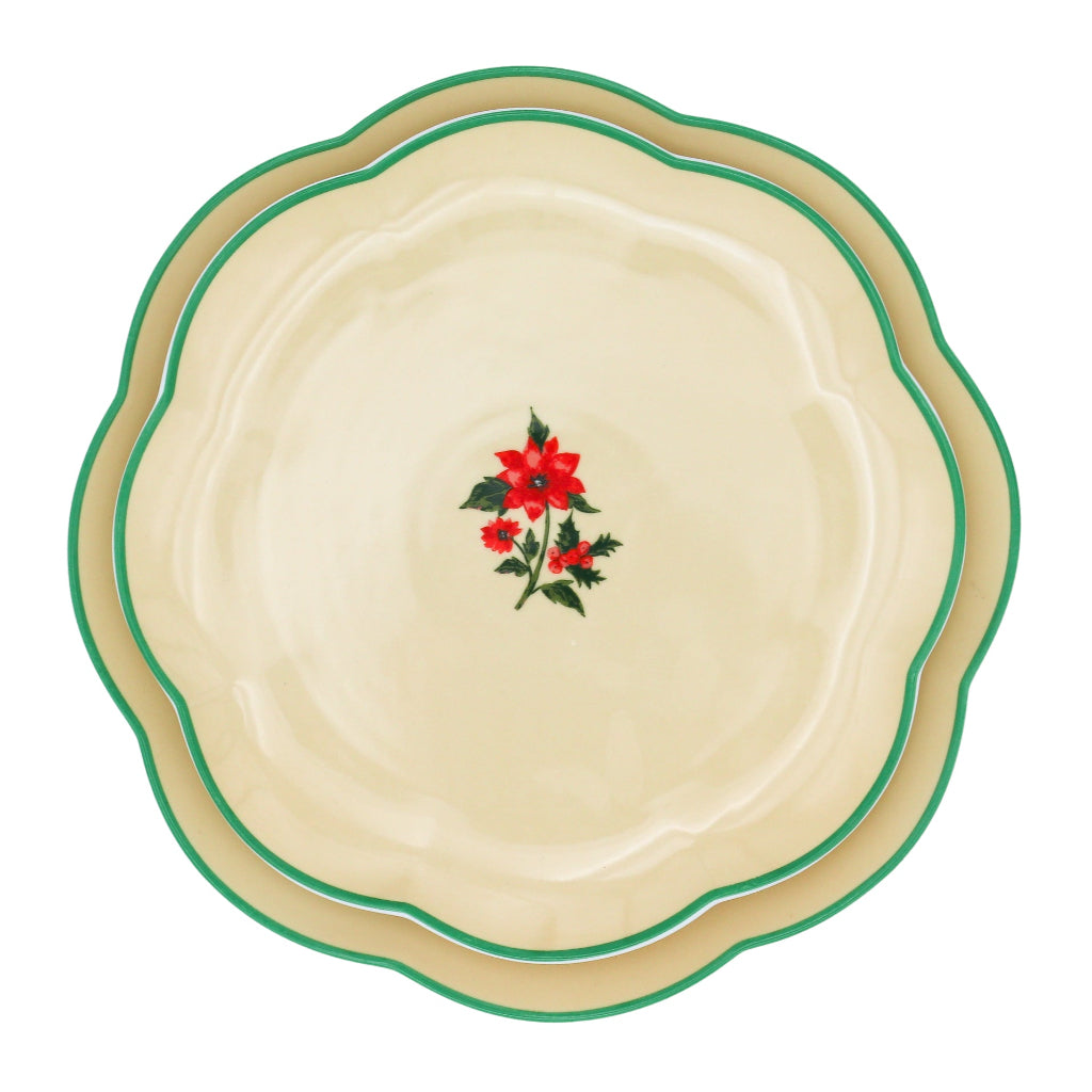 Fabled Flora Scalloped Ceramic Dinner Plates – Set of 4 (+1 Bonus Plate)