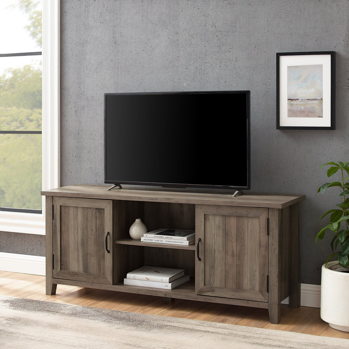 Farmhouse 58" Modern Grooved 2 Door TV Stand-Entertainment-Parc Decor