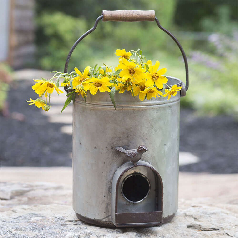 Farmhouse Bucket Planter Birdhouse with Handle-Outdoor Décor-Parc Decor