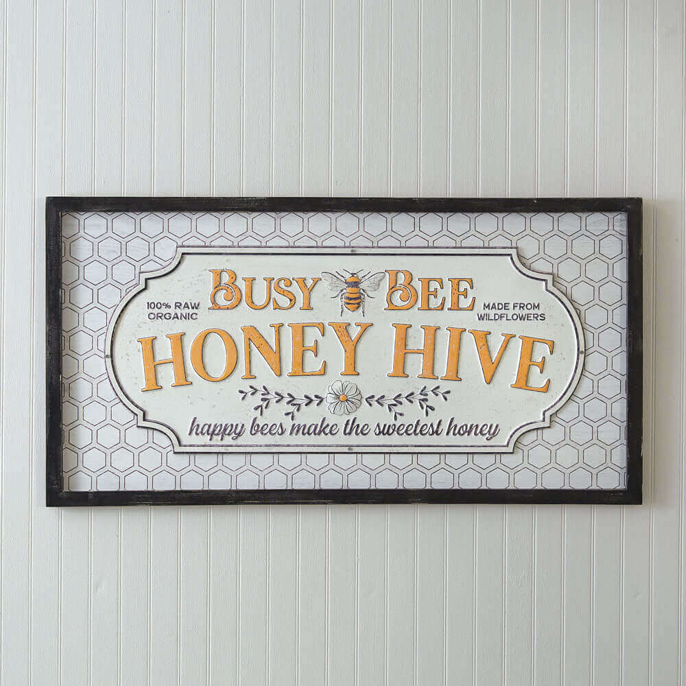 Farmhouse Busy Bee Honey Hive Plaque Wall Sign with Frame-Wall Decor-Parc Decor