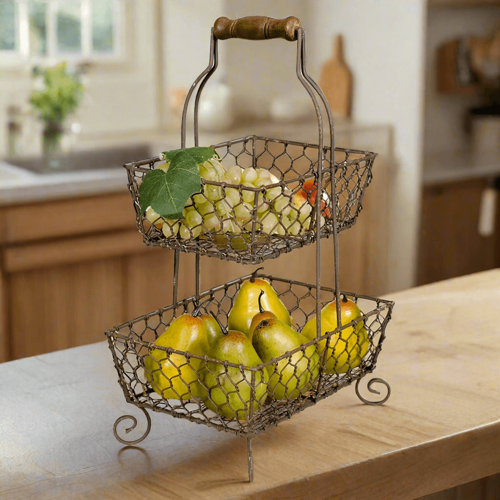 Farmhouse Chicken Wire Two-Tier Fruit Basket-Fruit Basket-Parc Decor
