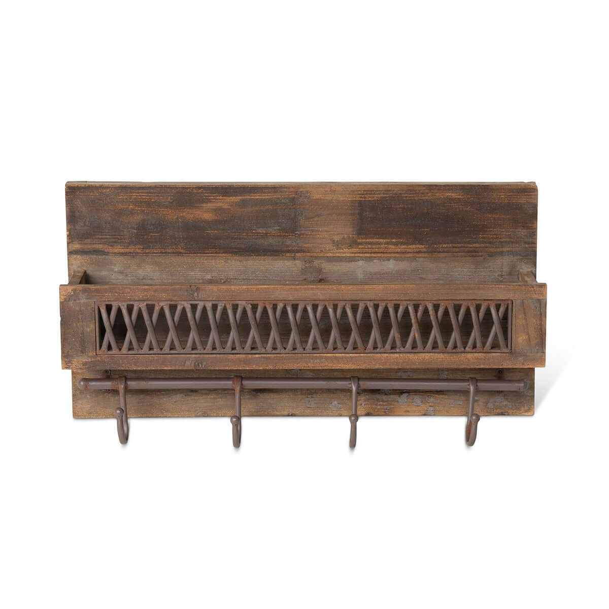 Farmhouse Wall Shelf with Hooks and Metal Lattice Accent-Wall Shelves & Ledges-Parc Decor