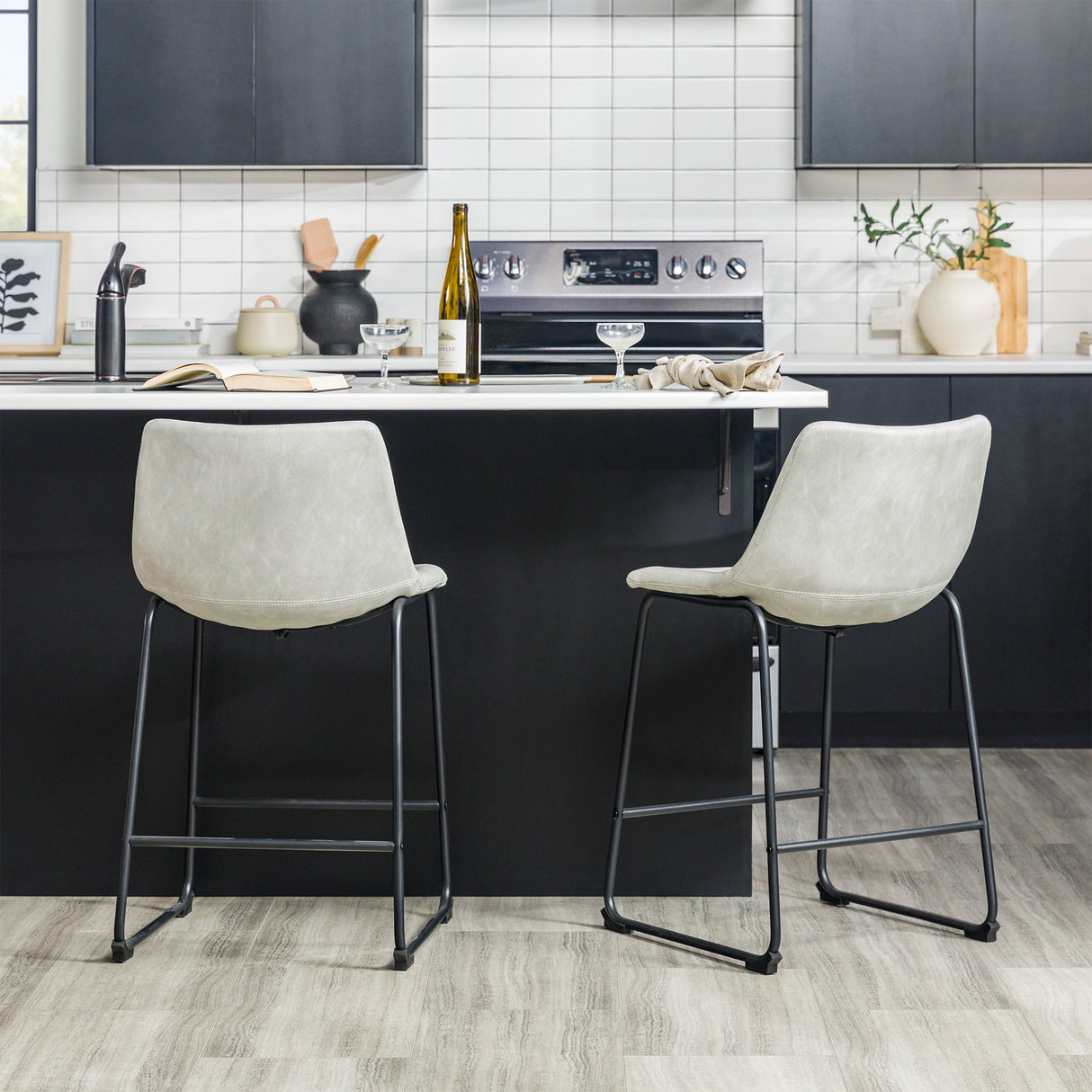 Faux Leather Counter Stools Set of 2-Dining / Kitchen-Parc Decor