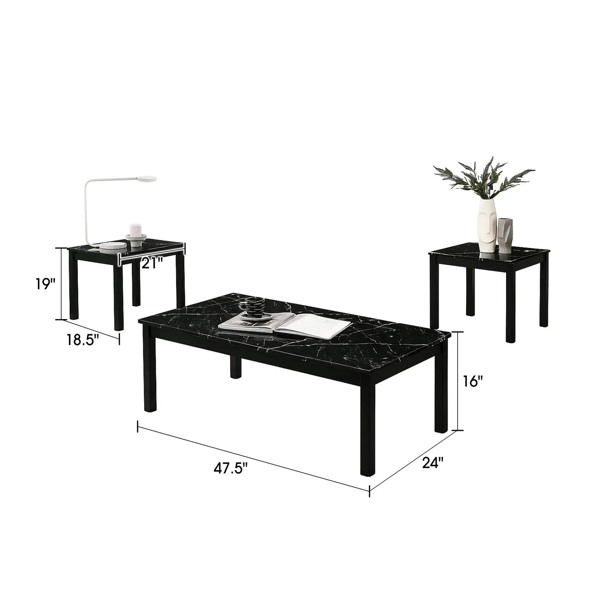 Findlay 3-Piece 47.5 in. Rectangle Faux Marble Top Coffee Table Set with Solid Wood Legs