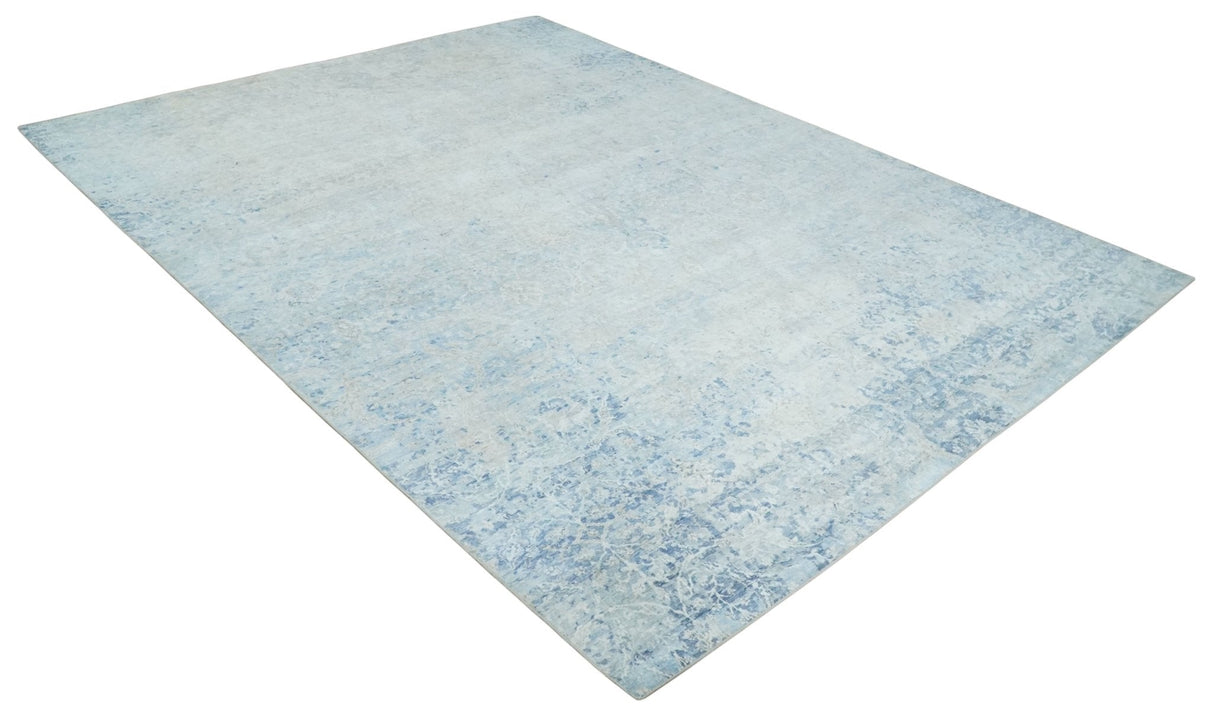 Fine 10x13 Ivory and blue Modern Abstract Hand Knotted Blended Wool and Art silk Area Rug