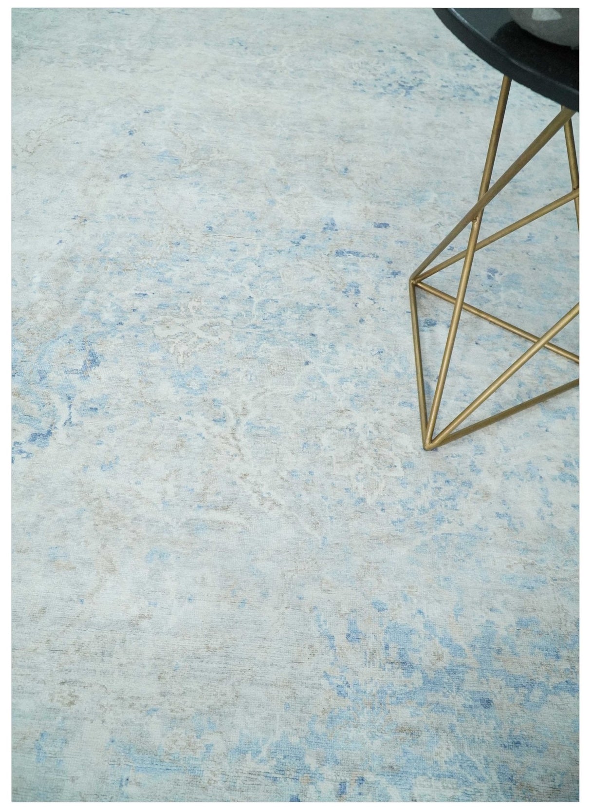 Fine 10x13 Ivory and blue Modern Abstract Hand Knotted Blended Wool and Art silk Area Rug-Area Rug-Parc Decor