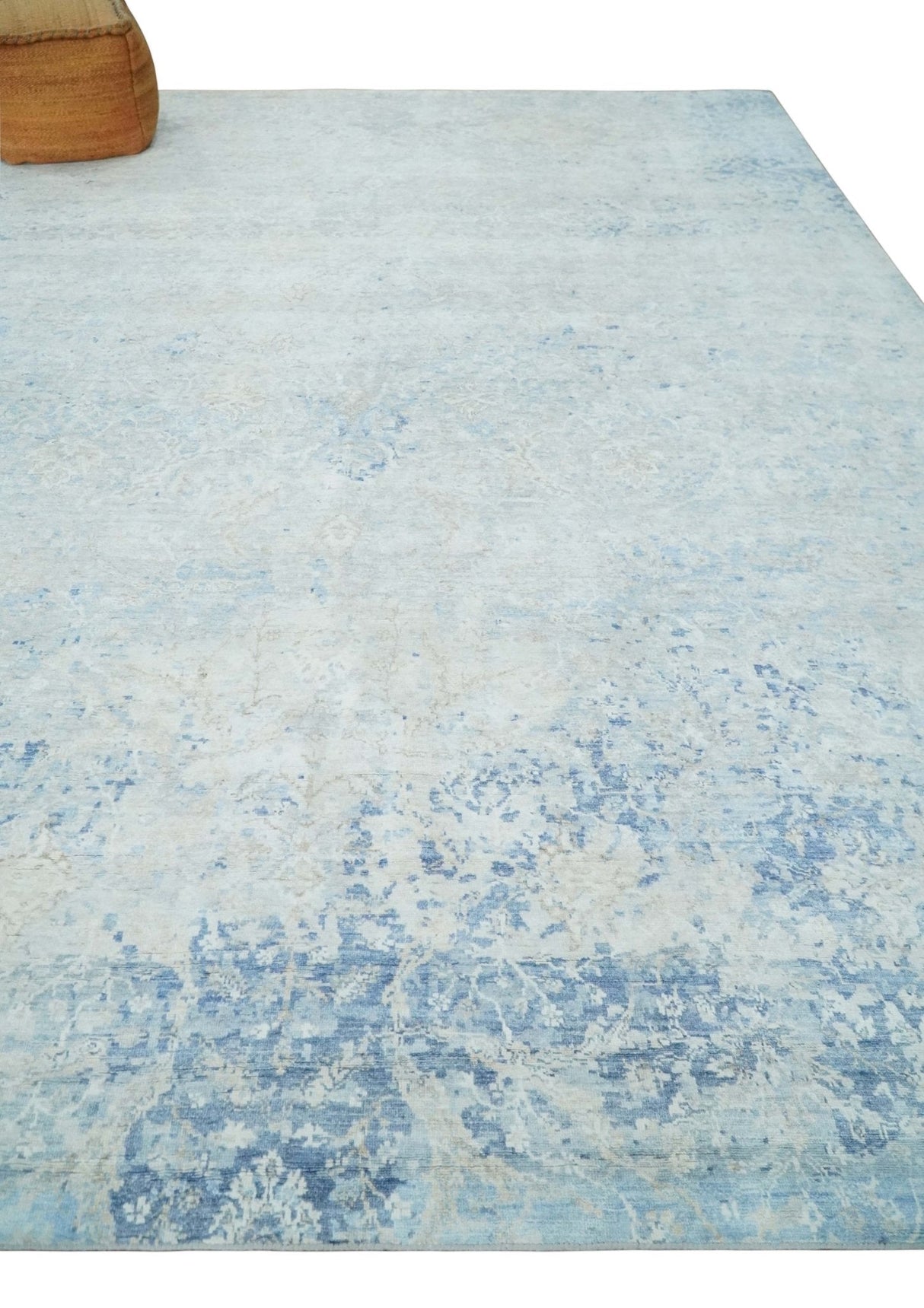 Fine 10x13 Ivory and blue Modern Abstract Hand Knotted Blended Wool and Art silk Area Rug-Area Rug-Parc Decor