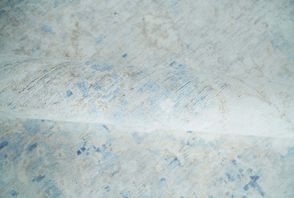 Fine 10x13 Ivory and blue Modern Abstract Hand Knotted Blended Wool and Art silk Area Rug-Area Rug-Parc Decor