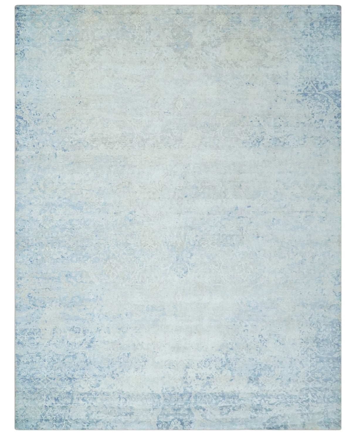 Fine 10x13 Ivory and blue Modern Abstract Hand Knotted Blended Wool and Art silk Area Rug-Area Rug-Parc Decor