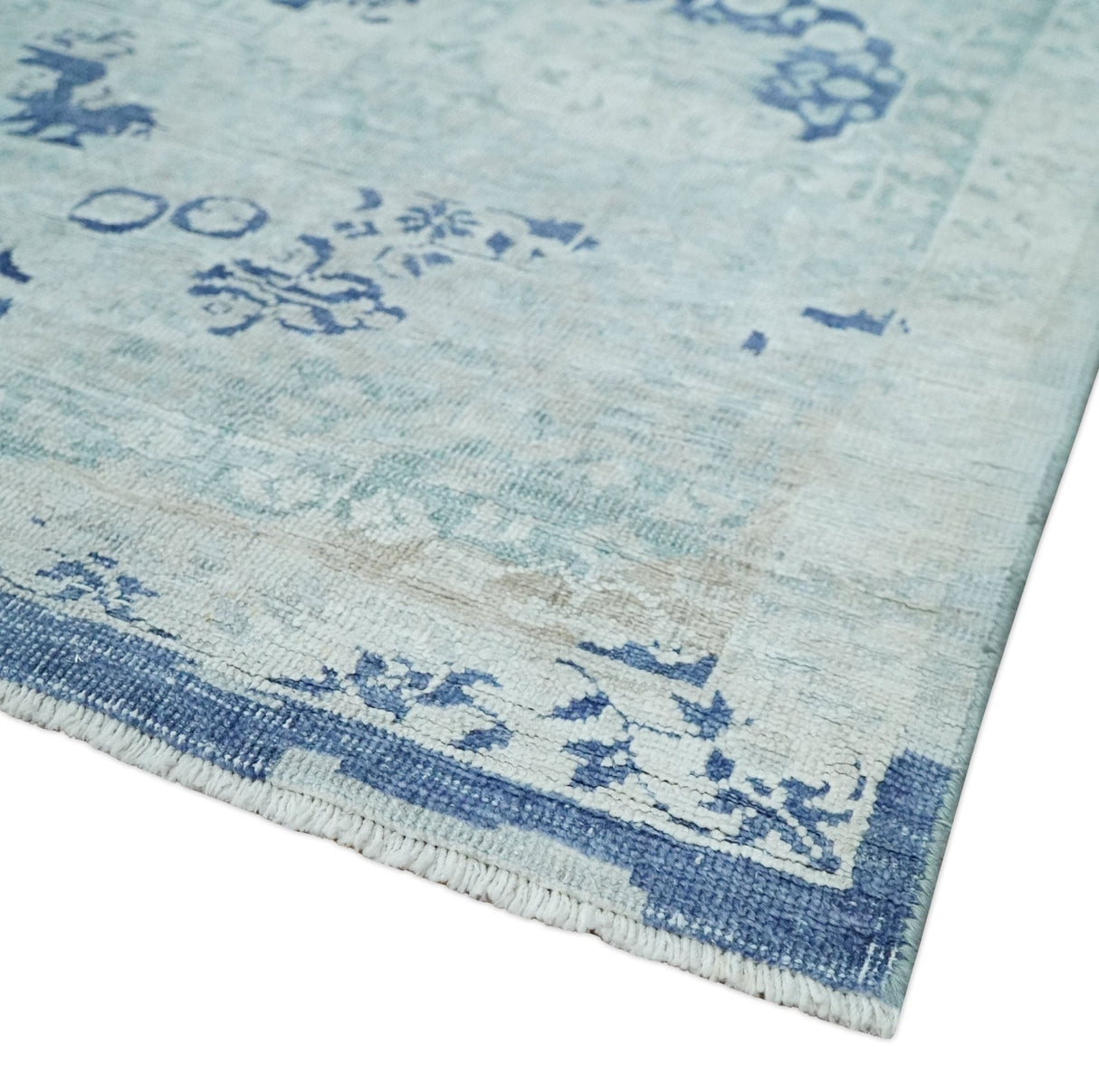 Fine Antique Design Silver, Light Teal and Blue transitional Hand Knotted 8x10 wool and Art Silk area Rug-Area Rug-Parc Decor