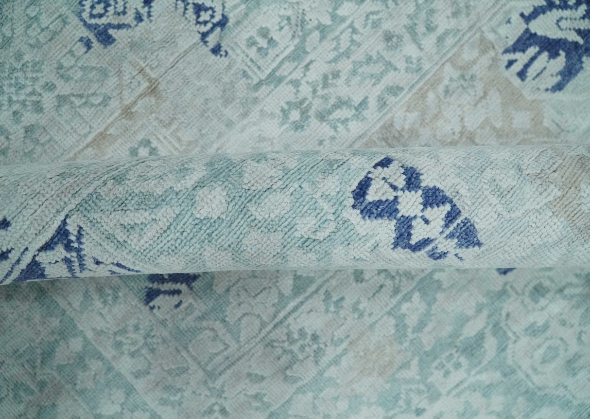 Fine Antique Design Silver, Light Teal and Blue transitional Hand Knotted 8x10 wool and Art Silk area Rug-Area Rug-Parc Decor