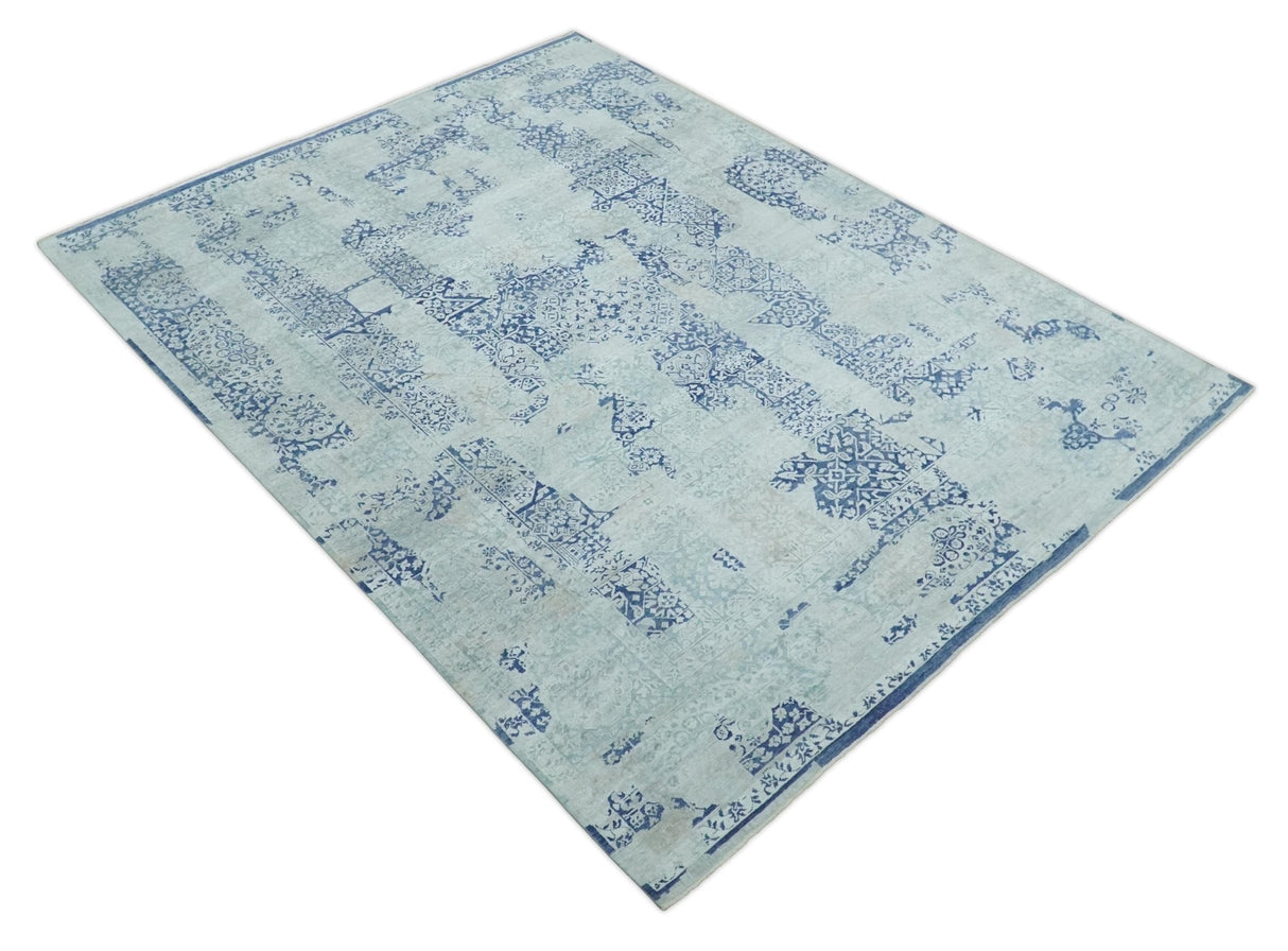 Fine Antique Design Silver, Light Teal and Blue transitional Hand Knotted 8x10 wool and Art Silk area Rug-Area Rug-Parc Decor