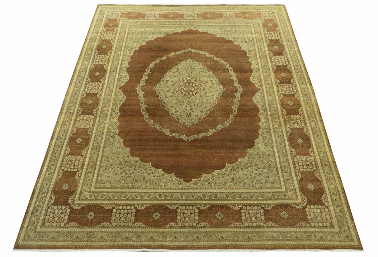 Fine Antique Knotted Traditional Tabriz Brown And Beige Wool Area Rug