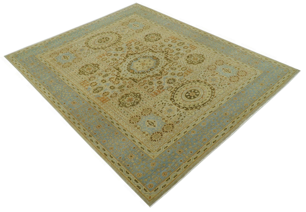 Fine Blue And Beige Traditional Mamluk Design Hand Knotted 8x10 Wool Area Rug