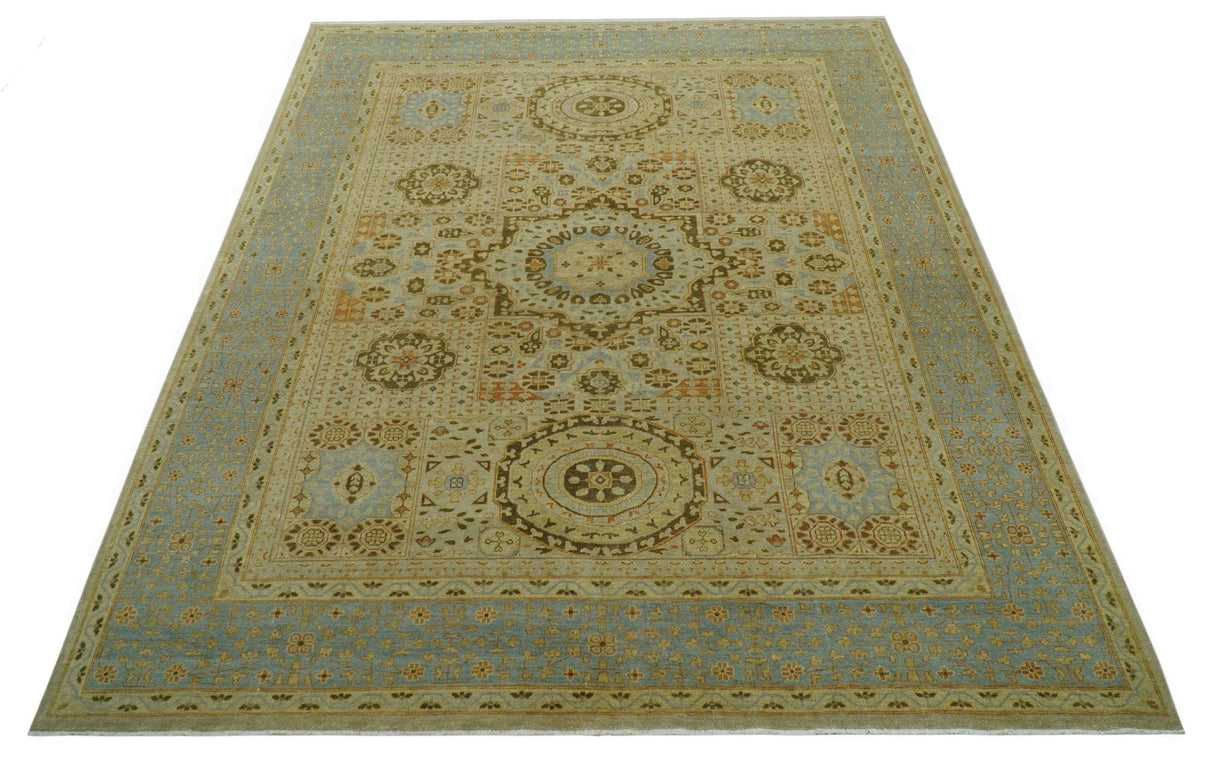 Fine Blue And Beige Traditional Mamluk Design Hand Knotted 8x10 Wool Area Rug