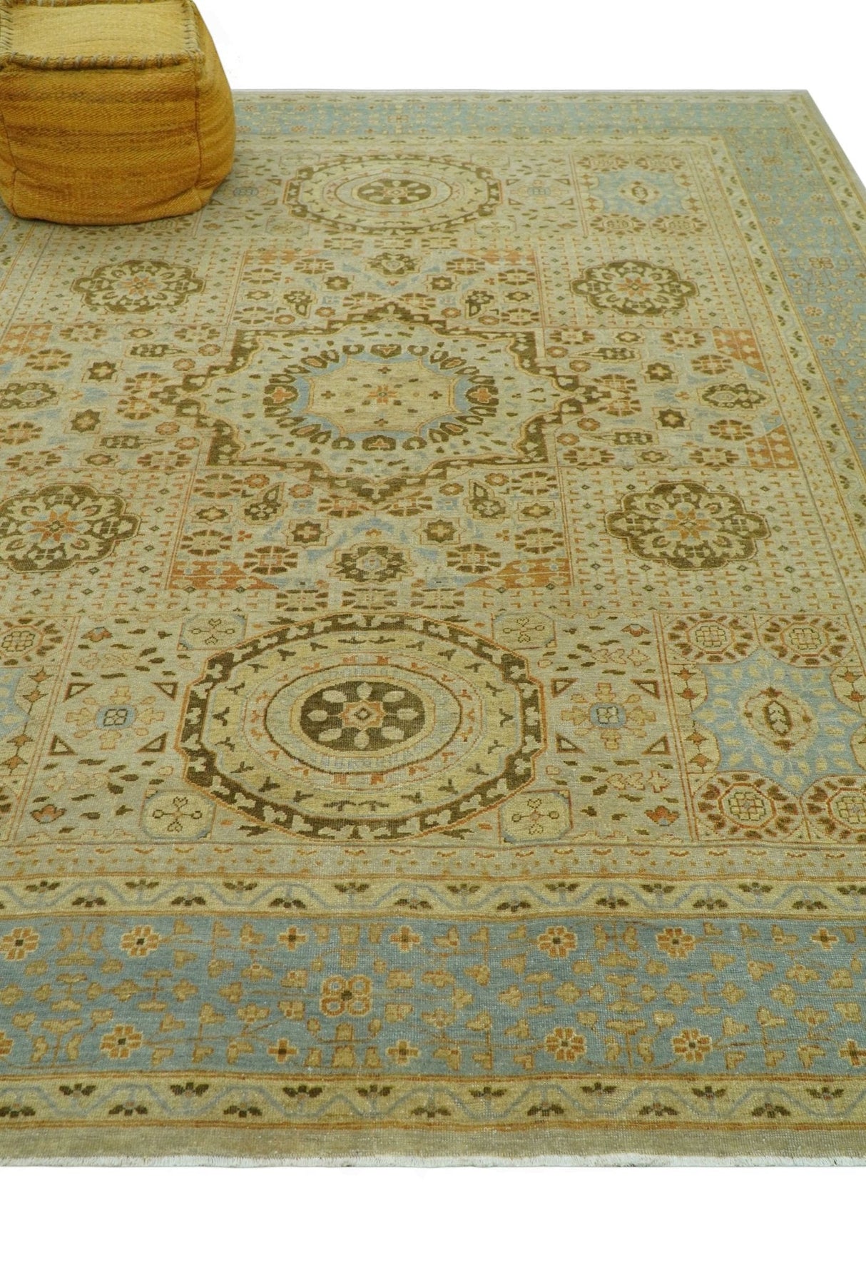 Fine Blue And Beige Traditional Mamluk Design Hand Knotted 8x10 Wool Area Rug