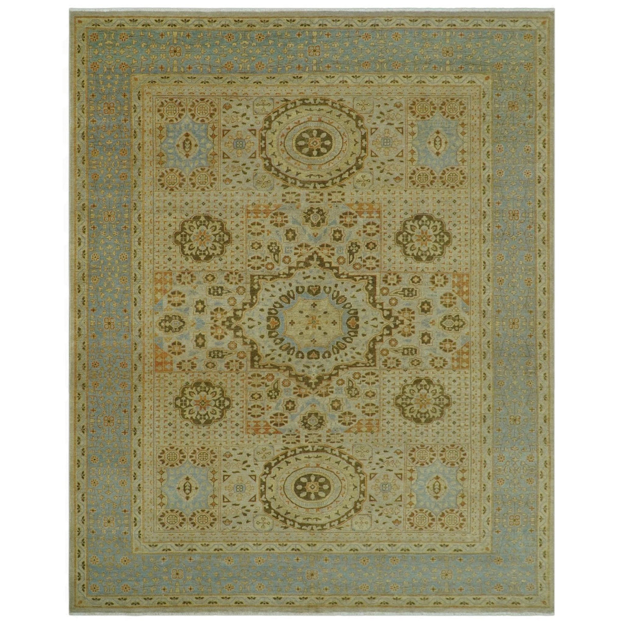 Fine Blue And Beige Traditional Mamluk Design Hand Knotted 8x10 Wool Area Rug