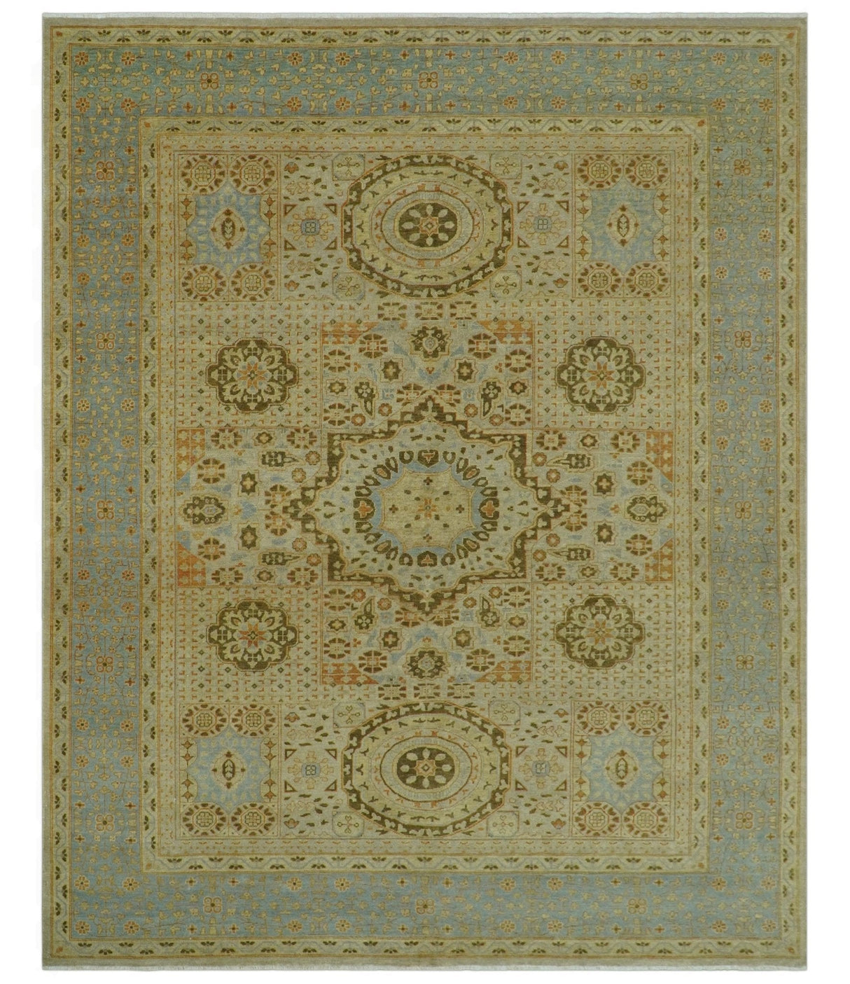 Fine Blue And Beige Traditional Mamluk Design Hand Knotted 8x10 Wool Area Rug