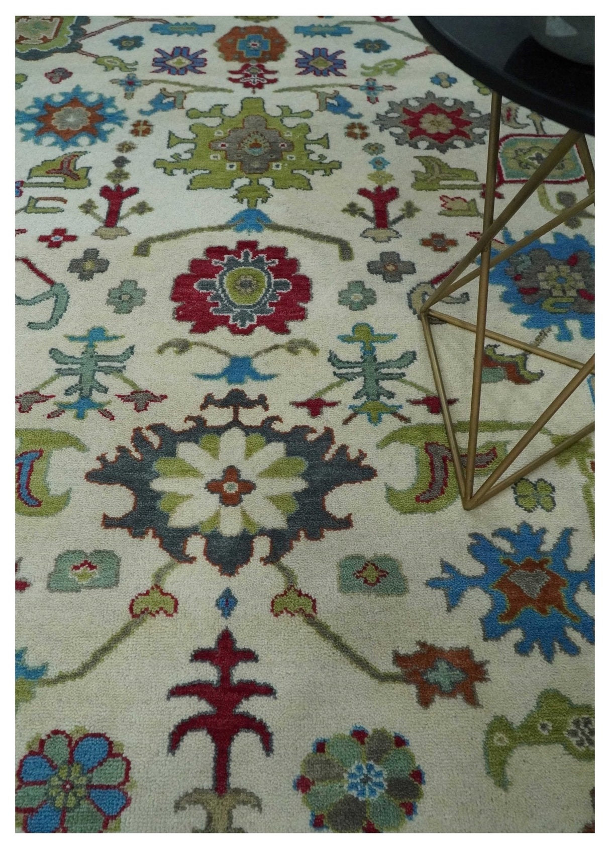 Fine Traditional Ivory and Blue Colorful Hand knotted Oushak Wool Area Rug