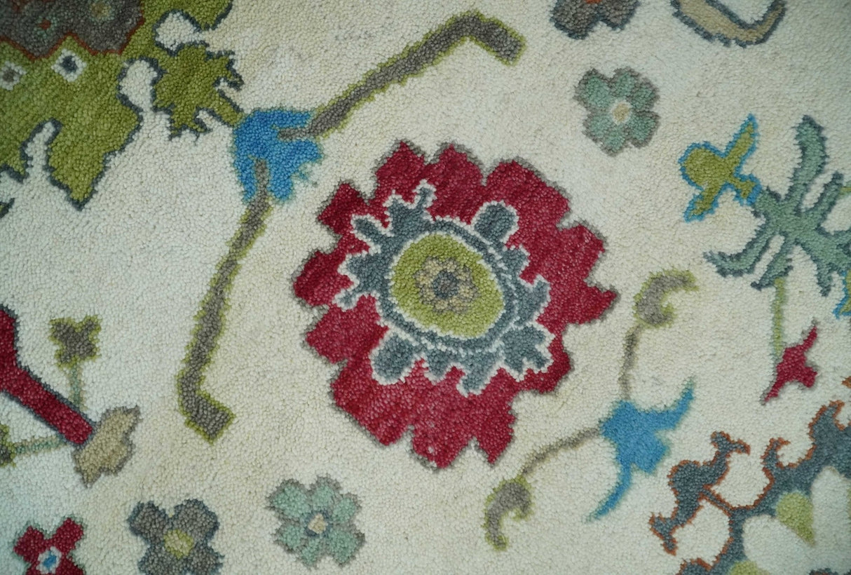 Fine Traditional Ivory and Blue Colorful Hand knotted Oushak Wool Area Rug