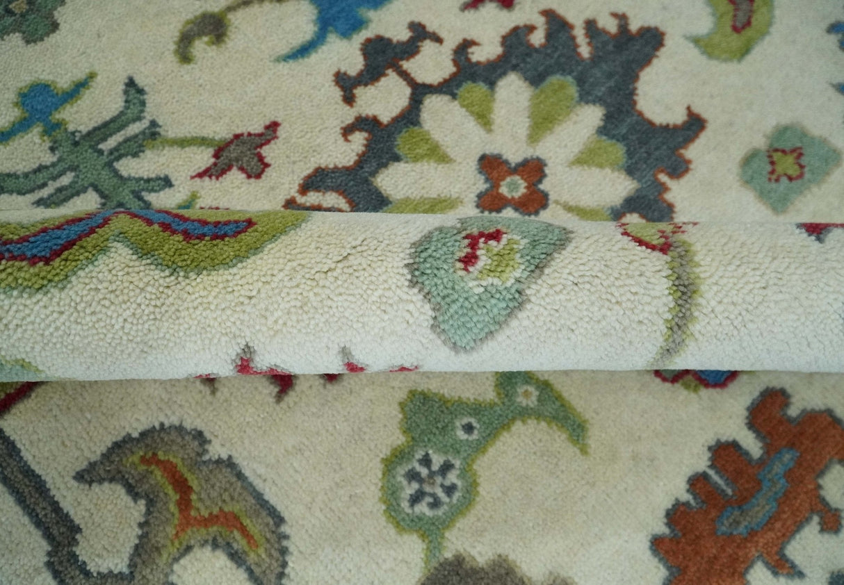 Fine Traditional Ivory and Blue Colorful Hand knotted Oushak Wool Area Rug