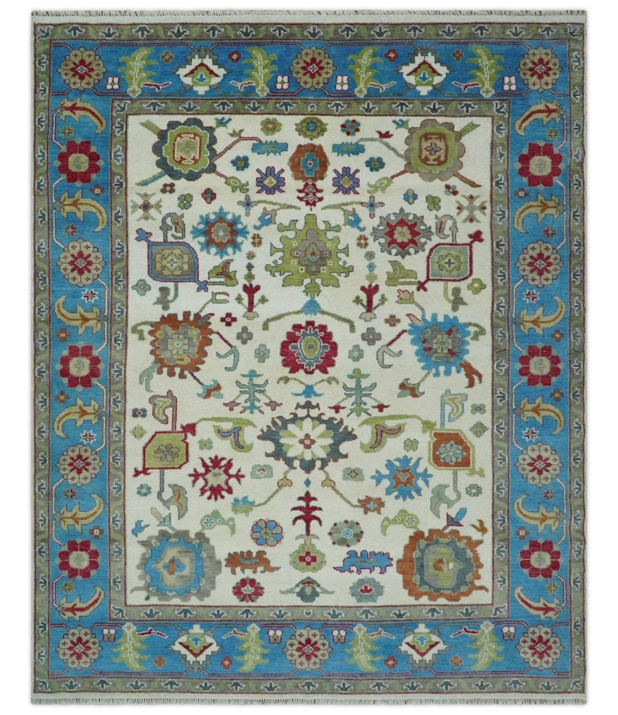 Fine Traditional Ivory and Blue Colorful Hand knotted Oushak Wool Area Rug
