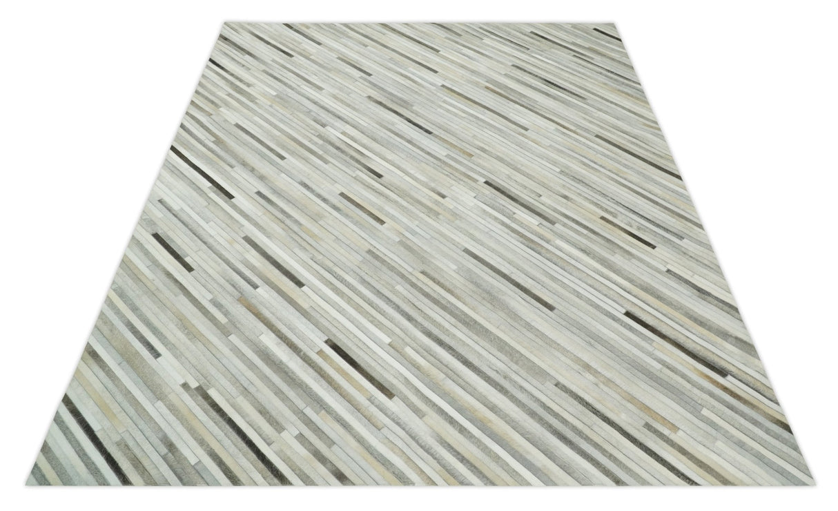Flatweave Hairon Genuine Leather Stripe Design Beige and Ivory Area Rug