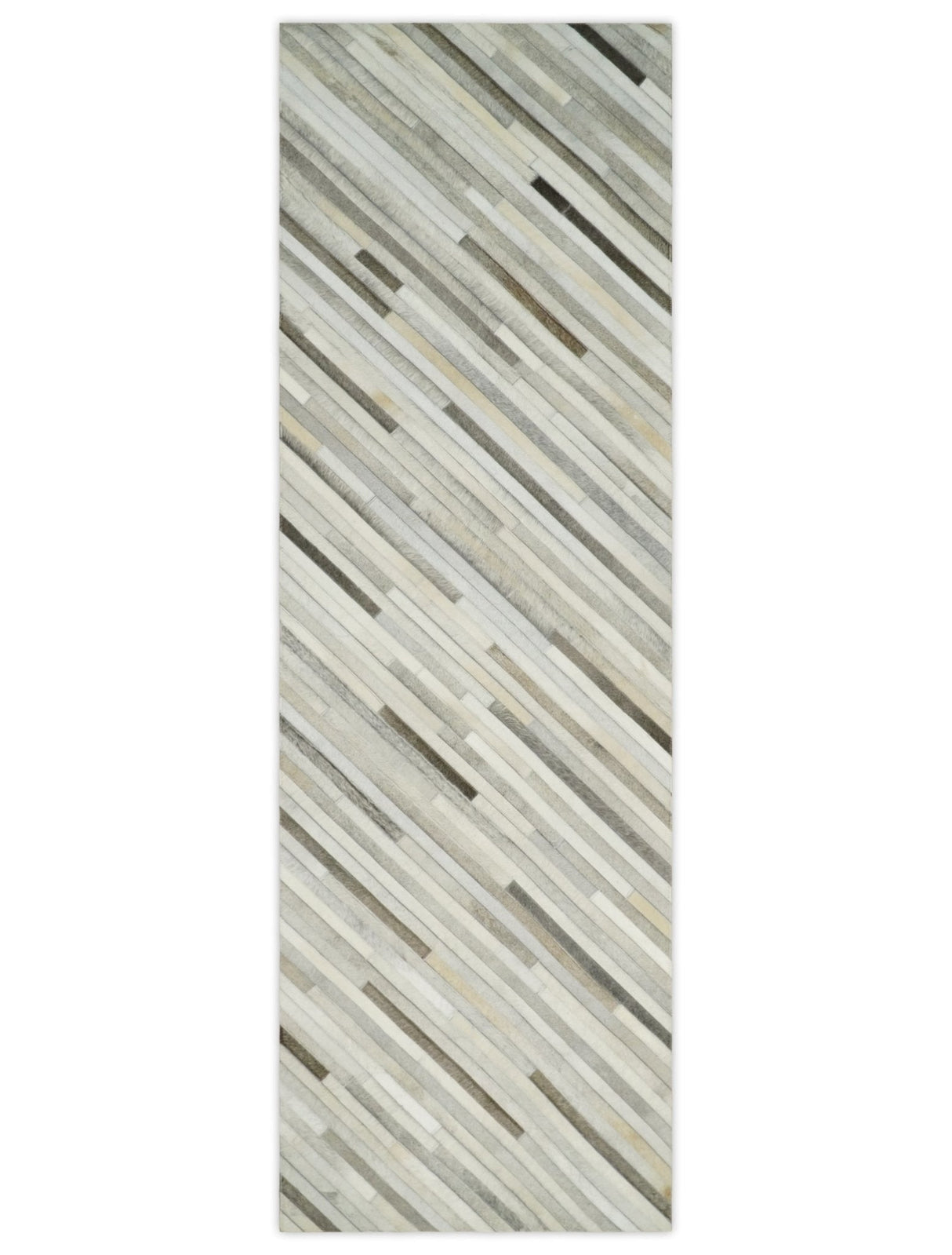 Flatweave Hairon Genuine Leather Stripe Design Beige and Ivory Area Rug